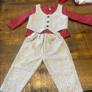 Red and Gray Plaid Shirt with Vest and Pants Set